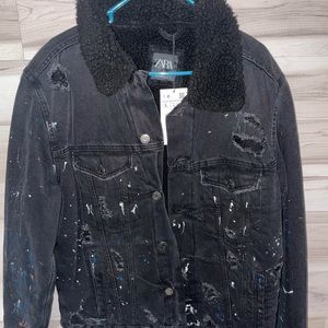 Zara man Brand New Black Denim Sherpa Trucker Jacket